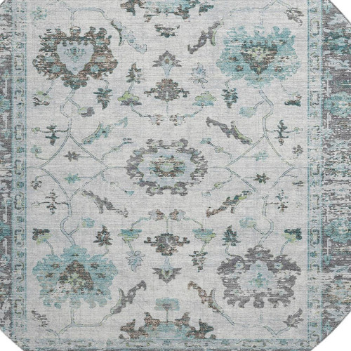 8' Teal Gray And Charcoal Oriental Washable Round Rug With UV Protection