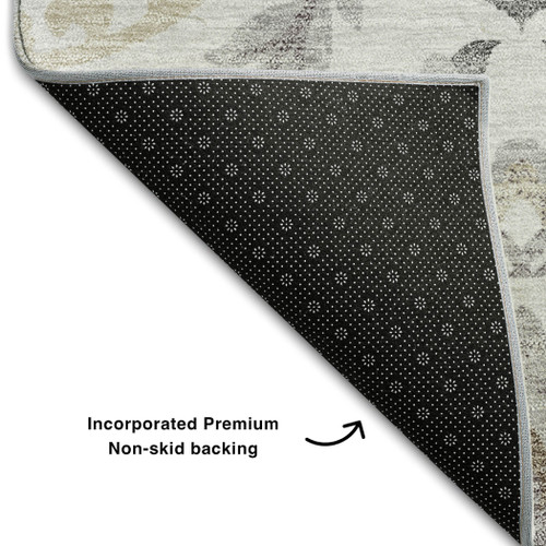 5' X 8' Silver Gray And Beige Floral Washable Area Rug With UV Protection
