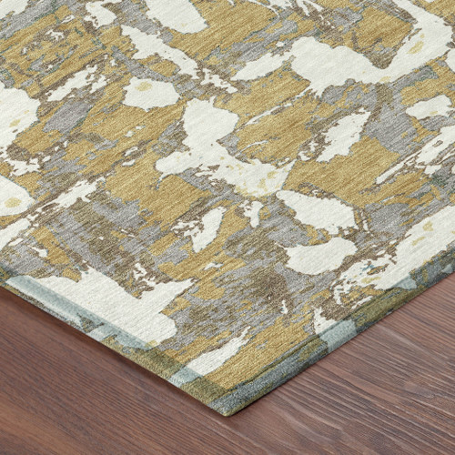 8' Gold And Ivory Round Abstract Washable Indoor Outdoor Area Rug