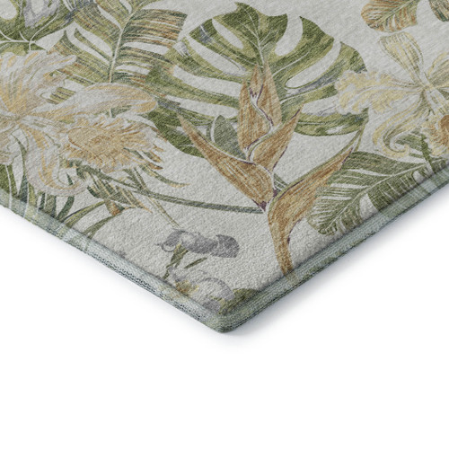 9' X 12' Ivory Green And Beige Floral Washable Area Rug With UV Protection