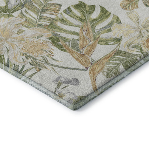 9' X 12' Ivory Green And Beige Floral Washable Area Rug With UV Protection