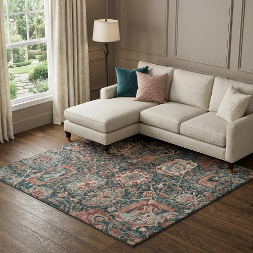 9' X 12' Salmon Teal And Peach Damask Washable Area Rug With UV Protection