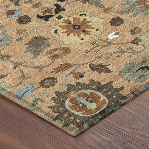 8' Copper And Brown Round Floral Medallion Washable Indoor Outdoor Area Rug