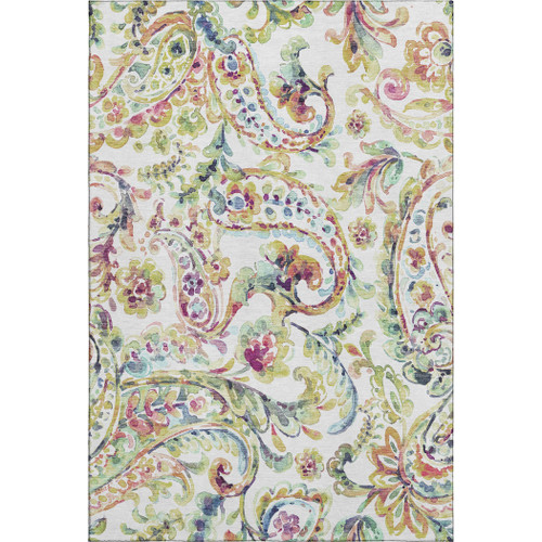 9' X 12' Ivory Blue And Pink Paisley Washable Area Rug With UV Protection