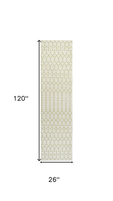 10' Cream And Green Trellis Indoor Outdoor Runner Rug