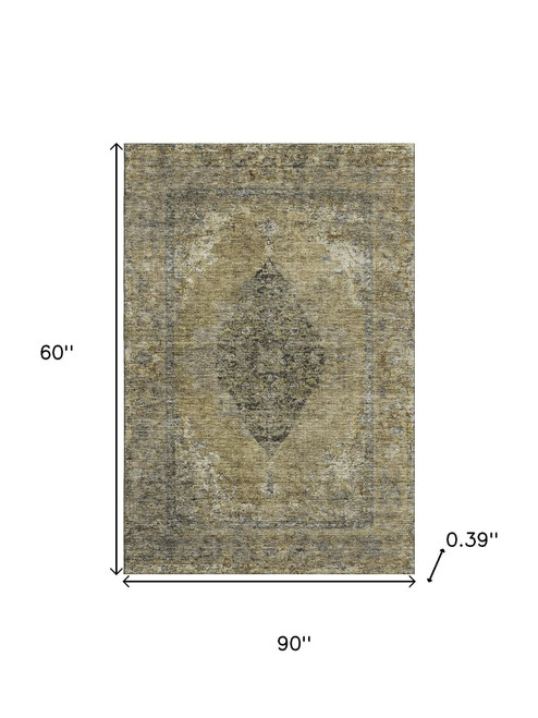 5' X 8' Khaki And Beige Medallion Washable Area Rug With UV Protection