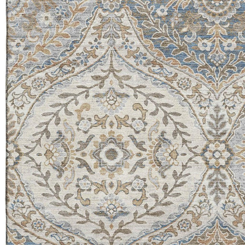 3' X 5' Beige Ivory And Blue Floral Washable Area Rug With UV Protection