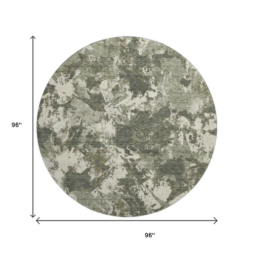 8' Olive Green Beige And Ivory Floral Washable Round Rug With UV Protection