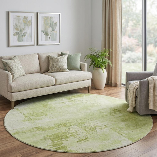 8' Lime Green And Olive Green Abstract Washable Round Rug With UV Protection