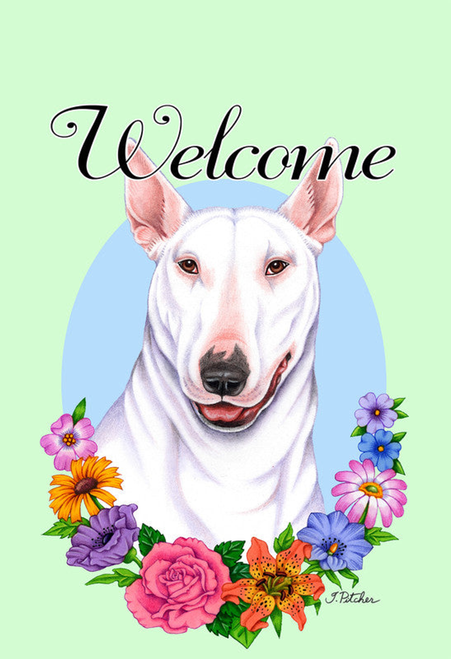 Bull Terrier White - Best of Breed Welcome Flowers Garden Flag 