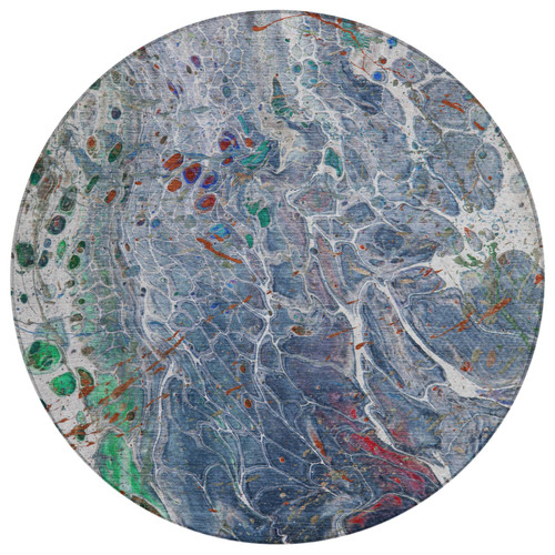 8' Blue And Pewter Round Abstract Washable Indoor Outdoor Area Rug