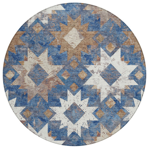 8' Blue Brown And Ivory Round Aztec Washable Indoor Outdoor Area Rug