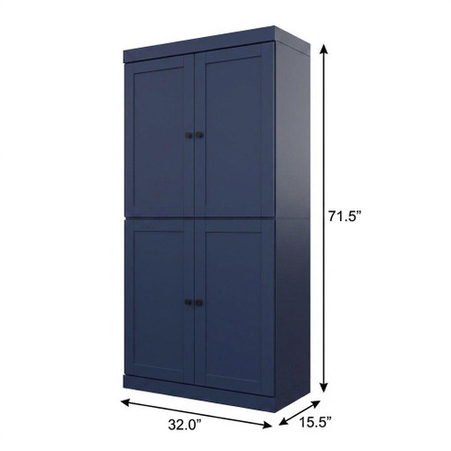 72" Navy Blue Solid Wood Adjustable Six Tier Library Bookcase with Four Doors