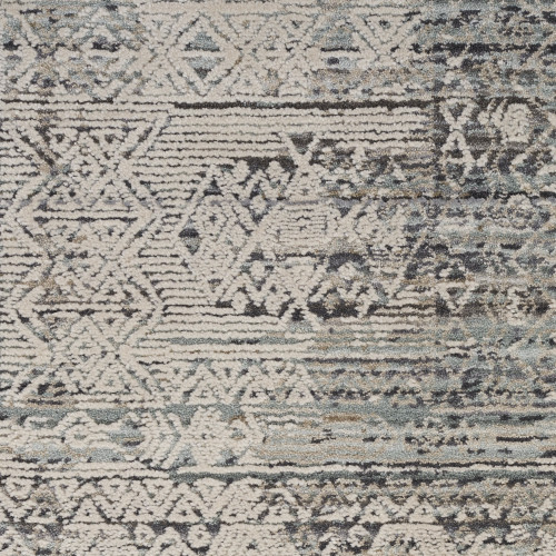 12' Ivory And Blue Geometric Distressed Runner Rug With Fringe