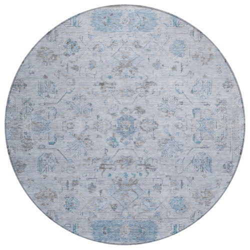 8' Sky Blue Gray And Ivory Round Tribal Washable Indoor Outdoor Area Rug