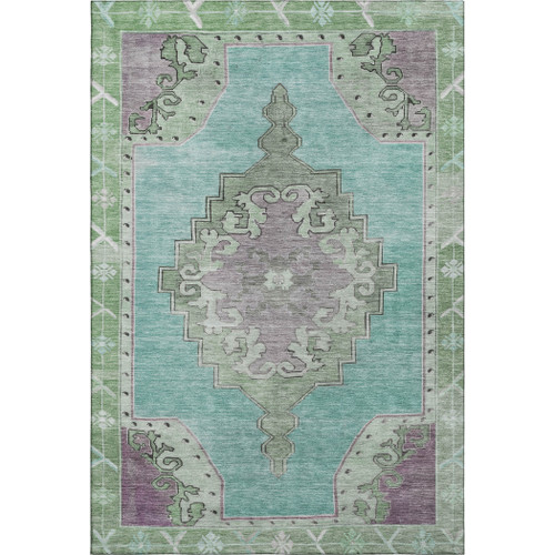 10' X 14' Teal Green And Lavender Oriental Washable Area Rug With UV Protection