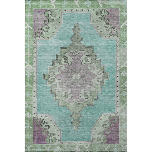 10' X 14' Teal Green And Lavender Oriental Washable Area Rug With UV Protection
