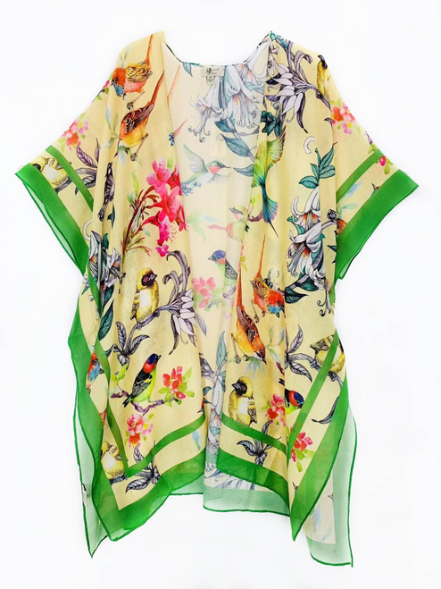 Multi Bird Floral Border Accent Kimono