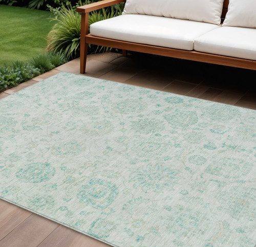 9' X 12' Turquoise And Beige Damask Washable Indoor Outdoor Area Rug