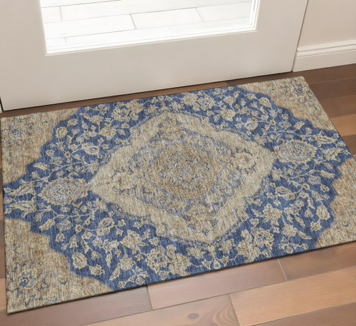 3' X 5' Navy Blue Beige And Gray Floral Medallion Washable Area Rug With UV Protection