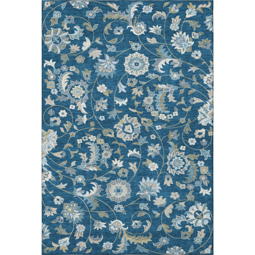 10' X 14' Navy Blue Ivory And Beige Floral Washable Area Rug With UV Protection