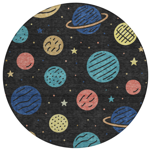 8' Black And Navy Blue Round Floral Washable Indoor Outdoor Area Rug