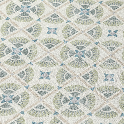 8' Ivory And Beige Round Geometric Washable Indoor Outdoor Area Rug