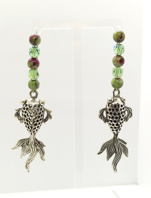 Pewter Fish with Jasper and Swarovski Crystal Earrings