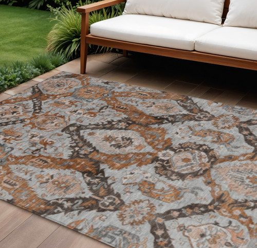 10' X 14' Rust And Gray Damask Washable Indoor Outdoor Area Rug