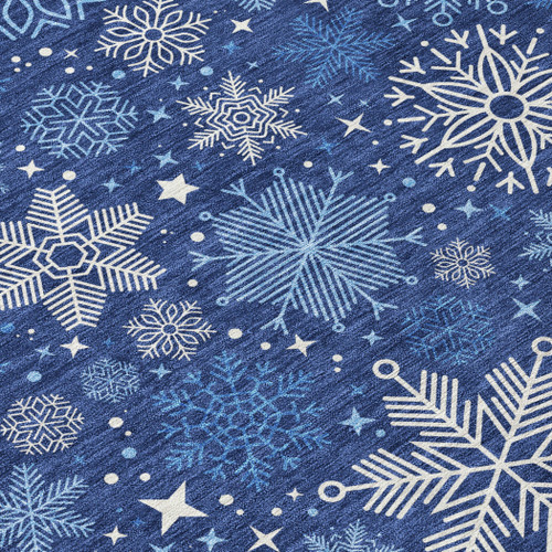 9' X 12' Navy Blue Ivory And Sky Blue Snowflake Washable Indoor Outdoor Area Rug