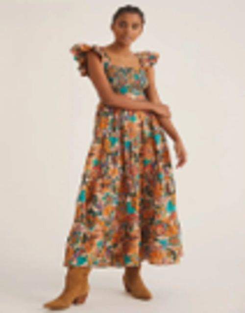 Snazzy Ruffle Shoulder Printed Maxi Dress 