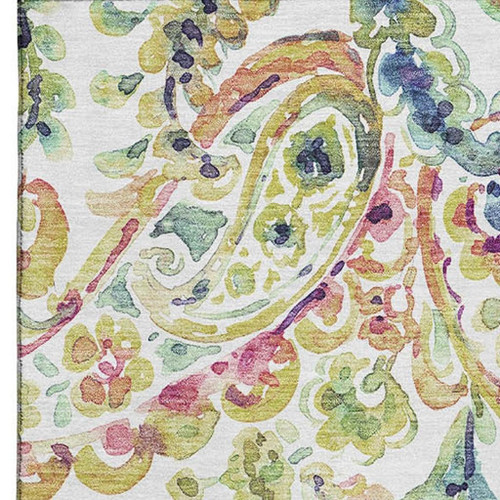 5' X 8' Ivory Blue And Pink Paisley Washable Area Rug With UV Protection