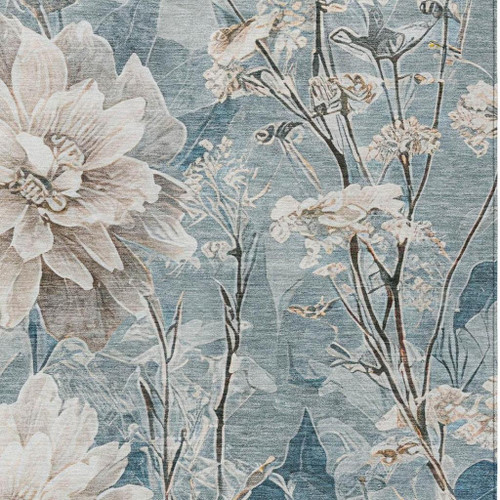 8' X 10' Teal Blue And Silver Floral Washable Indoor Outdoor Area Rug