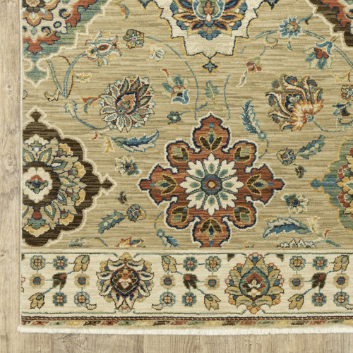 7' X 10' Tan Ivory And Brown Floral Area Rug With Fringe