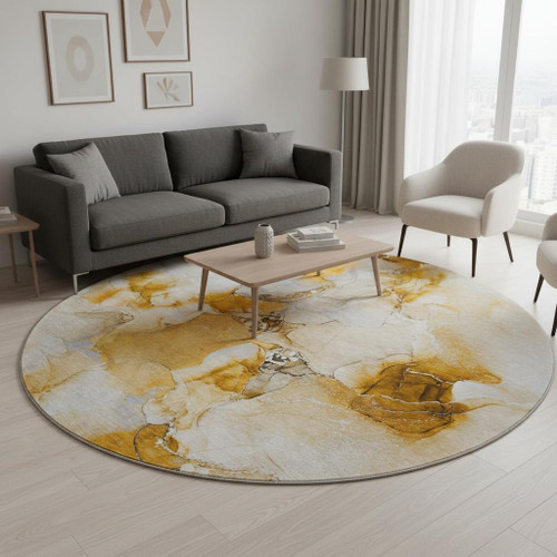 8' Orange And Ivory Abstract Washable Round Rug With UV Protection