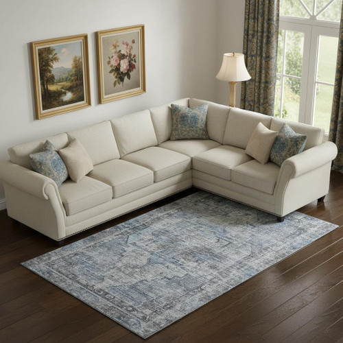 9' X 12' Blue And Gray Oriental Washable Area Rug With UV Protection