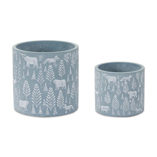 Set of Two Blue And White Cement 4 Ounce Abstract Round Pot Planters
