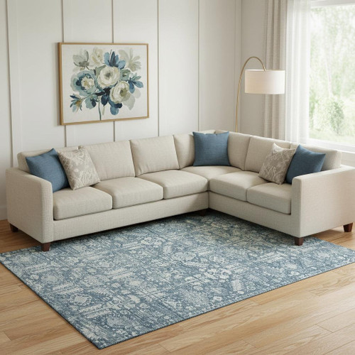 9' X 12' Denim Blue And Ivory Oriental Washable Area Rug With UV Protection