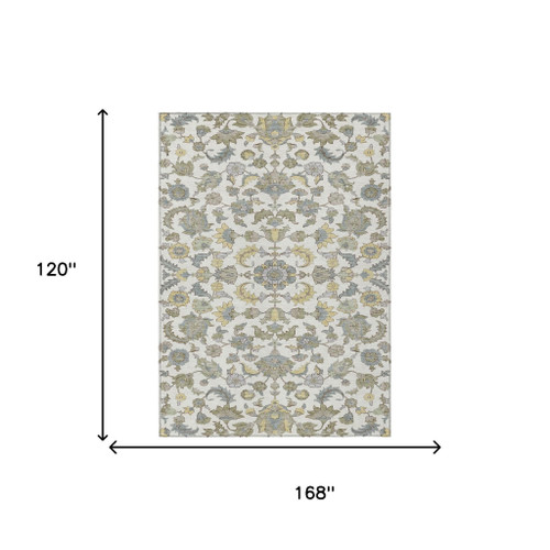 10' X 14' Ivory And Wheat Floral Medallion Washable Indoor Outdoor Area Rug