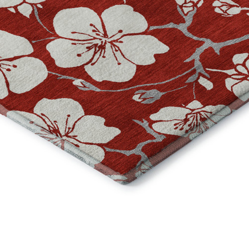 5' X 8' Red And Ivory Floral Washable Area Rug With UV Protection