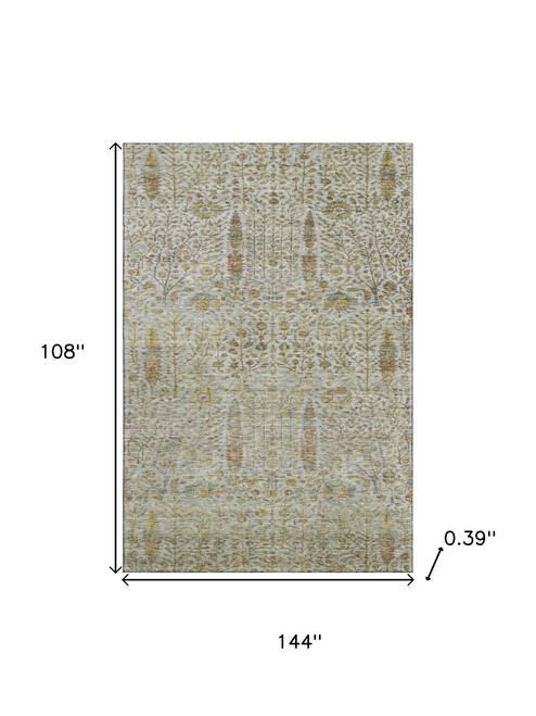 9' X 12' Linen And Gold Floral Vines Washable Area Rug With UV Protection