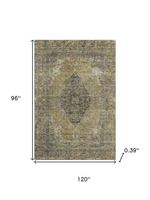 8' X 10' Khaki And Beige Medallion Washable Area Rug With UV Protection