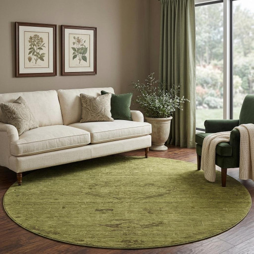 8' Olive Green And Gray Medallion Washable Round Rug With UV Protection