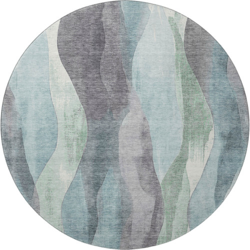 8' Teal Plum And Ivory Abstract Washable Round Rug With UV Protection