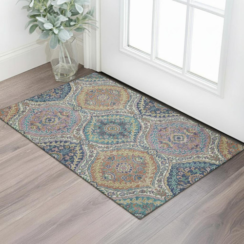 3' X 5' Blue Copper And Fern Green Floral Washable Area Rug With UV Protection