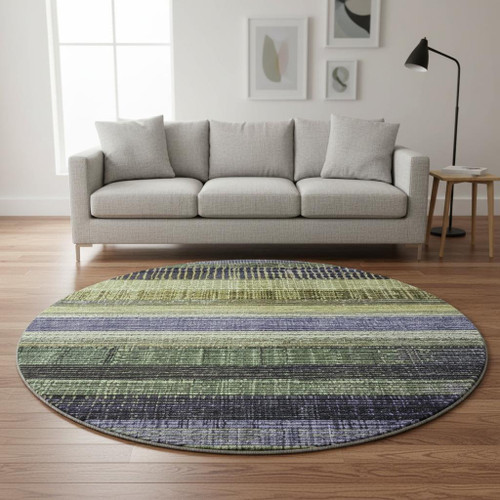 8' Artichoke Green And Purple Striped Washable Round Rug With UV Protection