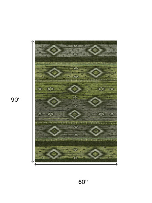 5' X 8' Artichoke Green And Gray Tribal Washable Area Rug With UV Protection