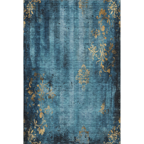 5' X 8' Blue And Gold Floral Washable Area Rug With UV Protection