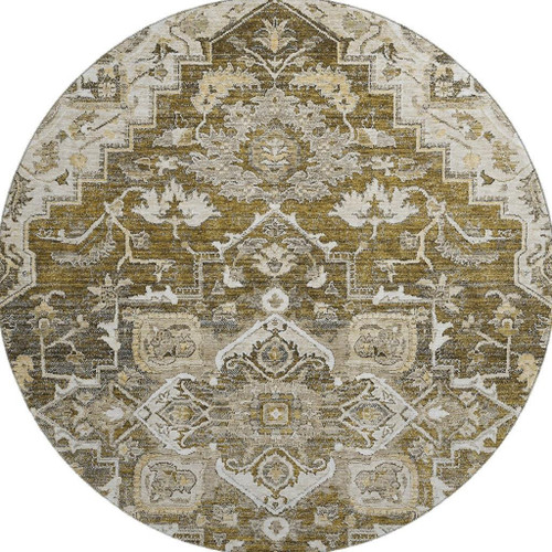 8' Brown Ivory And Taupe Floral Medallion Washable Round Rug With UV Protection