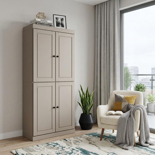 72" Beige Solid Wood Adjustable Six Tier Library Bookcase with Four Doors